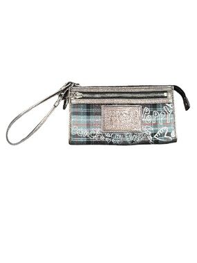 Coach Poppy Plaid Metallic Wristlet in Rose-Gold and Teal